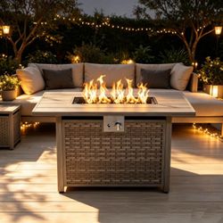 43-in Rectangular Propane Fire Pit Table Light Brown Steel 50000 BTU Gas Firepit Outside Patio Deck Garden Backyard