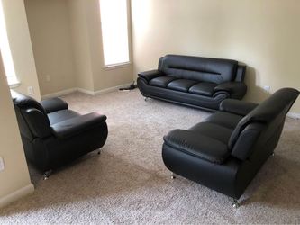 🔥 Brand New Black Comfy Leather Sofa & Loveseat Set | Modern Living Room Furniture | Optional Chair | Delivery Available