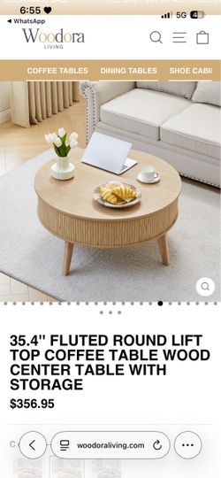 35.4" FLUTED ROUND LIFT TOP COFFEE TABLE WOOD CENTER TABLE WITH STORAGE