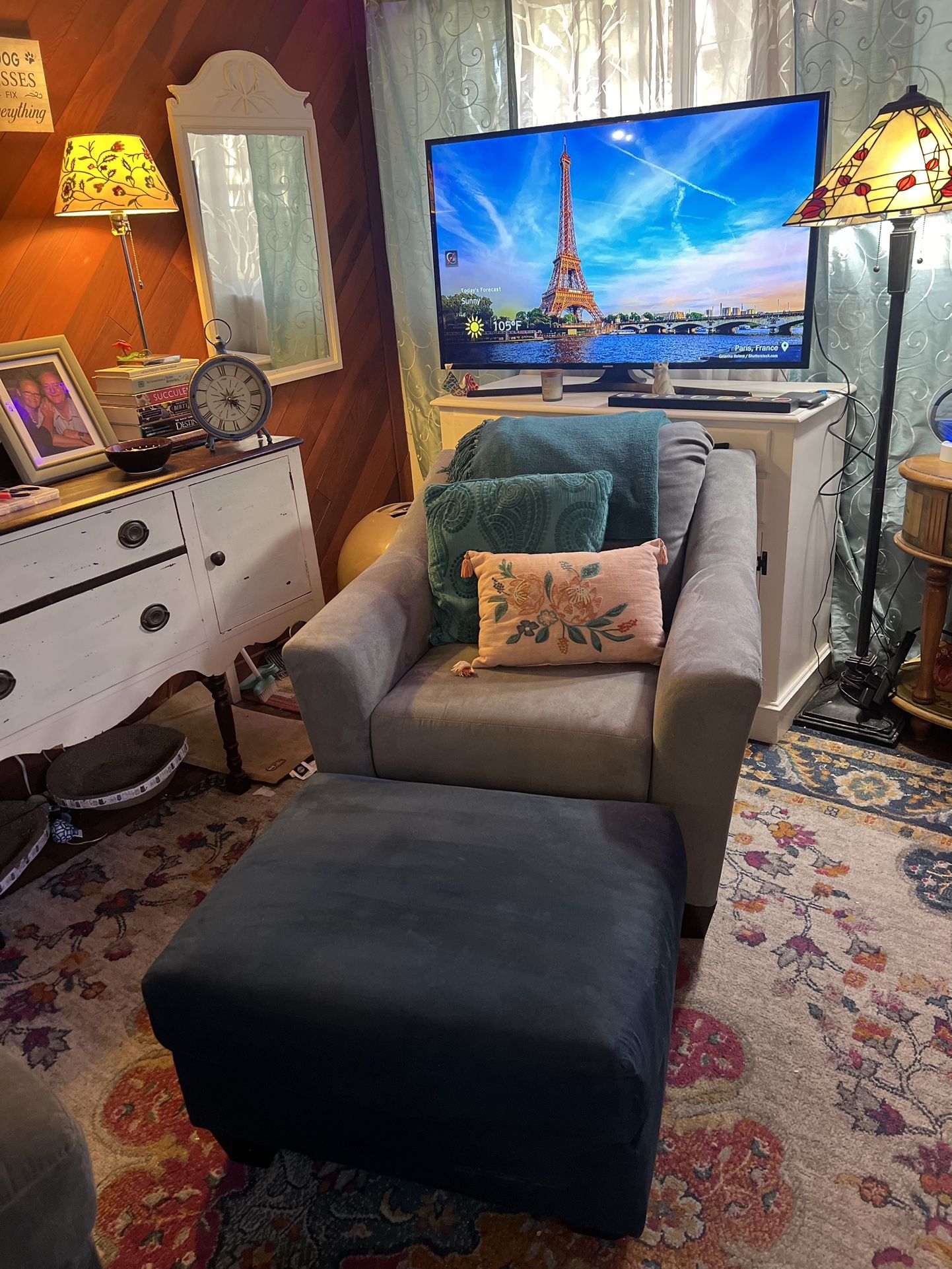 Blue Microfiber Chair And Ottoman