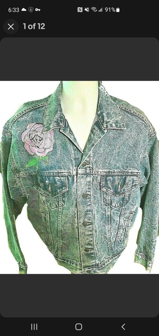 Men's / Unisex Handcrafted, Painted, and Jeweled Levi Straus Large Jean Jacket