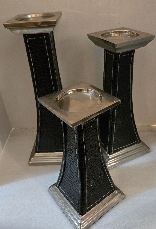Heavy Metal & Black Leather Set Of Candle Holder,