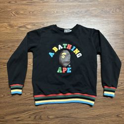 A BATHING APE BAPE Multi Color Letters College Line Rib Crewneck  Black Gray
