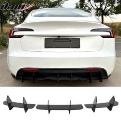 Fits 2024-2026 Tesla Model 3 3PCS Rear Bumper Lip Diffuser Shark Fin Lower Valance Exterior Auto Parts IKON Style Painted Gloss Black ABS Plastic