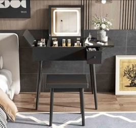 Makeup Vanity Table WITH  2-Drawers 3-Flip Top Mirror, Charging Station, Fold-up Panel, Cushioned Stool,Polibi, Black,BRAND NEW