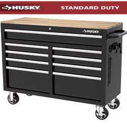Husky Tool Storage 46 in. W x 18 in. D 9-Drawer Mobile Workbench Cabinet in Gloss Black