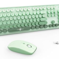 Sage Green Wireless Keyboard and Mouse Combo, Retro Typewriter Style Cute Bubble Keyboard with Round Keys, 2.4GHz Full Size Computer Keyboard and Mous