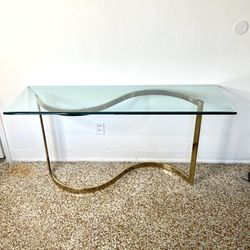 Vintage 52” Mid-Century Hollywood Regency Glass & Brass Clear & Gold Console Table
