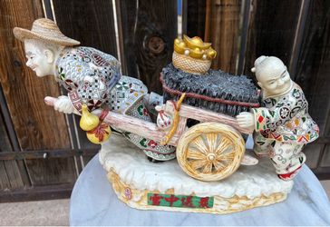 Vintage Italian Chinoiserie Resin Sculpture Large Chinese Farmer Prosperity Cart Made In Italy