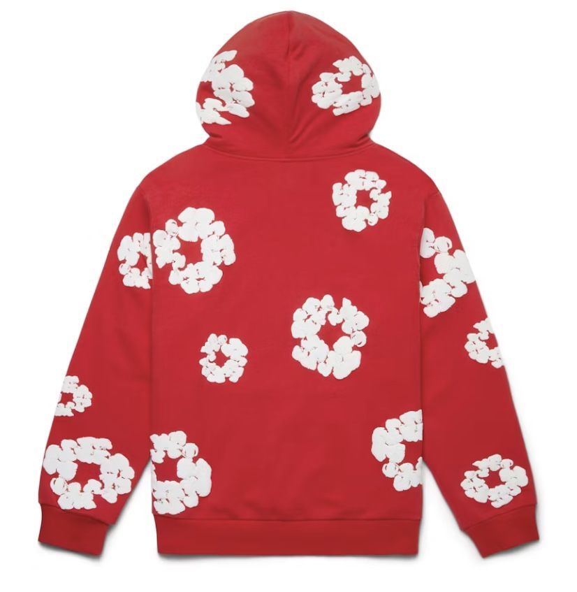 Red And White Cotton Wreath Denim Tear Hoodie Medium