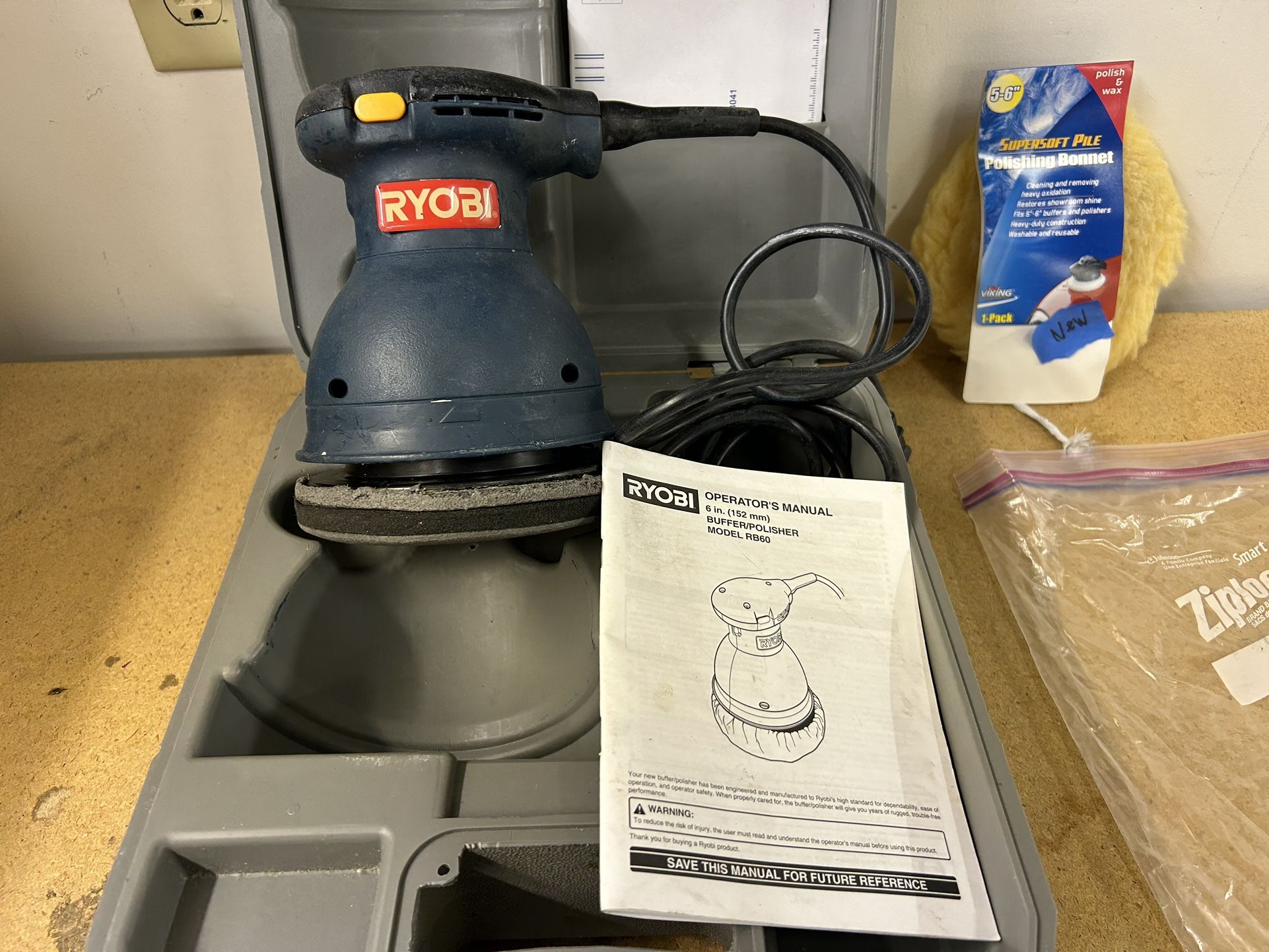 Ryobi RB60 6" Buffer Polisher With Original Case + Many Bonnets