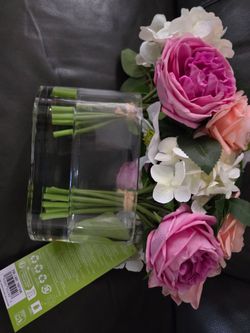 10" Pink Real Touch Mixed Rose Hydrangea Artificial Flower Arrangement in Glass Vase