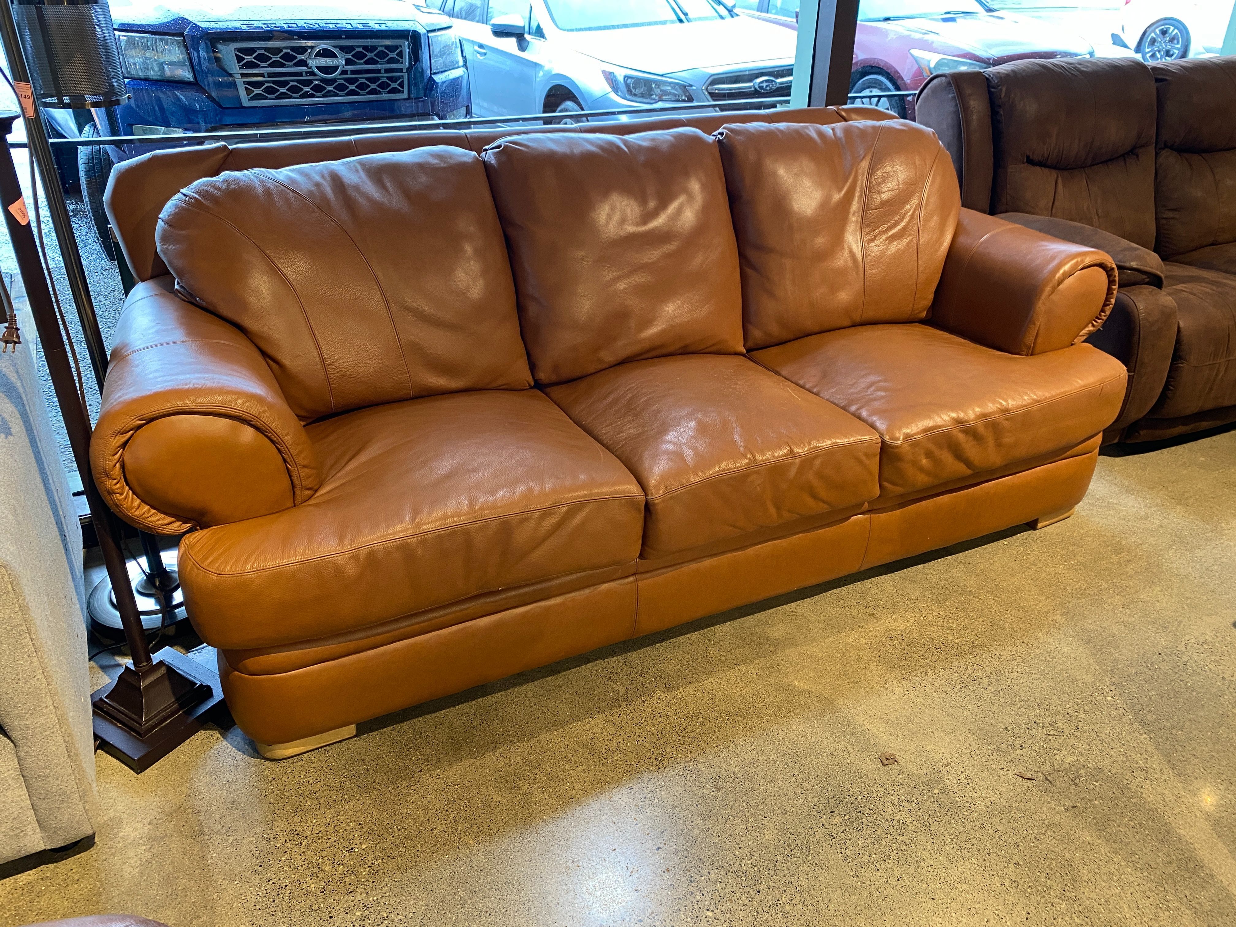 Camel Colored Leather Three Seater Couch