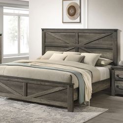 GRAY RUSTIC FARMHOUSE QUEEN OR EASTERN KING SIZE BED FRAME CAMA