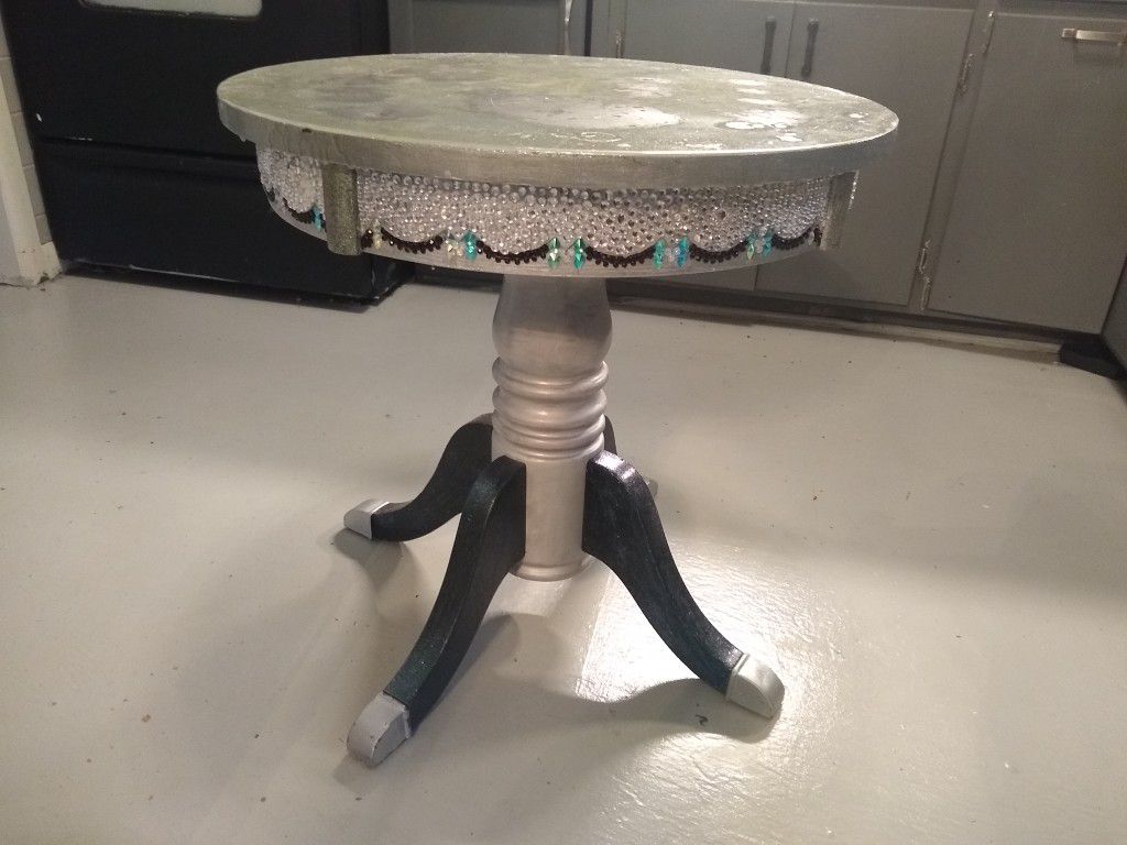 Hand Crafted table w/ silver, black, and torquoise design