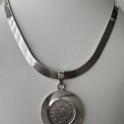 Mexico Sterling Silver Aztec Calendar Herringbone Pendant Necklace 16" 