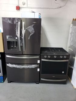 whirlpool black stainless set new open box 4 door fridges slide in stove 1 year company warranty