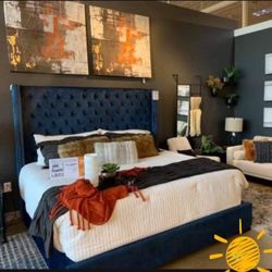 Financing Options💯 Queen Upholstered Blue Velvet Bed☄️ Brand New💥 Fastest Delivery 🚚 