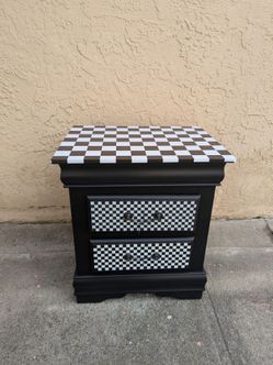 Black and White Checkered Nightstand with Two Drawers
