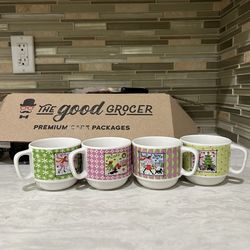 Set of 4 Holiday Teacups – Green & Purple – Small Coffee / Tea Cups