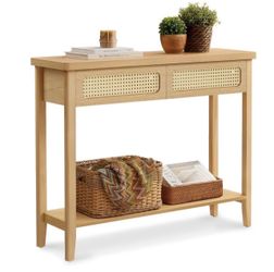 Console Table, 2 Drawers, Open Storage Shelf, Rounded Corners Boho Entryway Table, Narrow Sofa Table, Behind Couch Table, for Living Room, Oak Beige,
