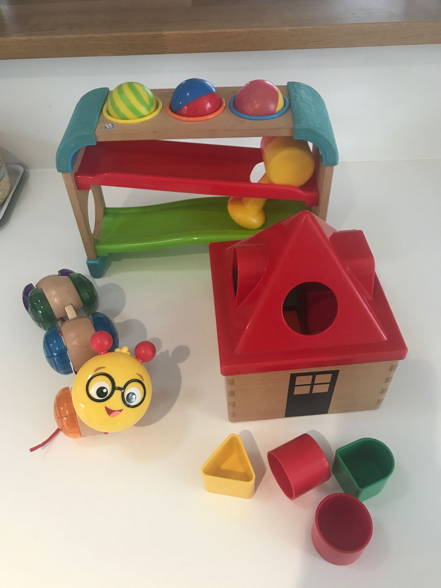 Baby wooden toys-Hape caterpillar, IKEA house shape, B kids pound & roll- $4 each
