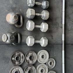 Home Gym CrossFit Weightlifting Oly Bar Change Plates Kettle Bell Dumbbells 