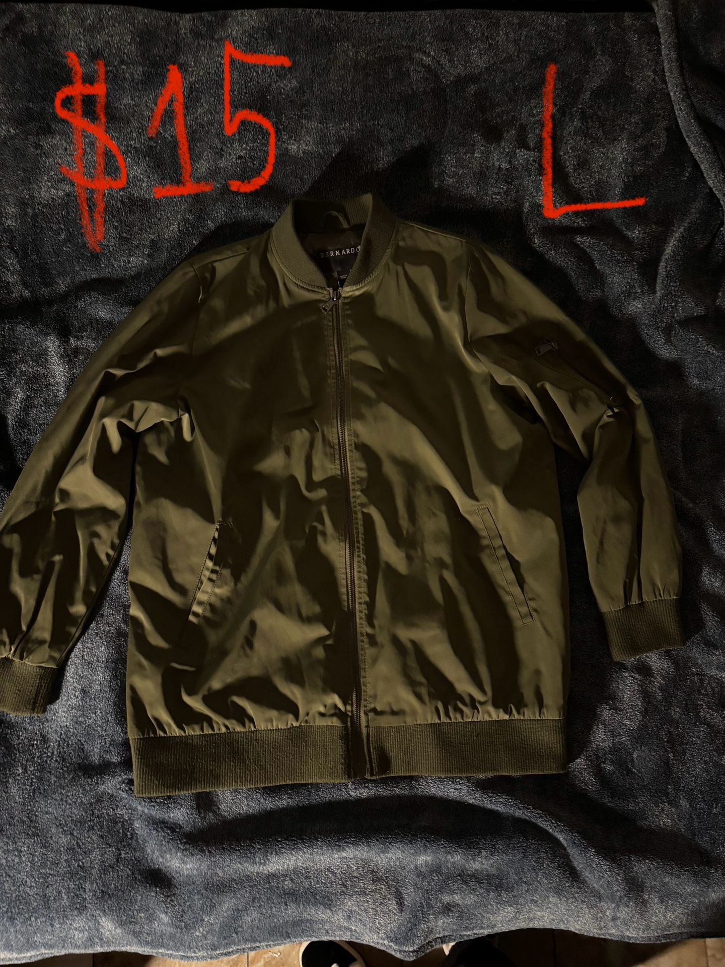 Bernardo Womens Large Bomber Boyfriend Jacket Green Full Zip Lined Pockets 16707