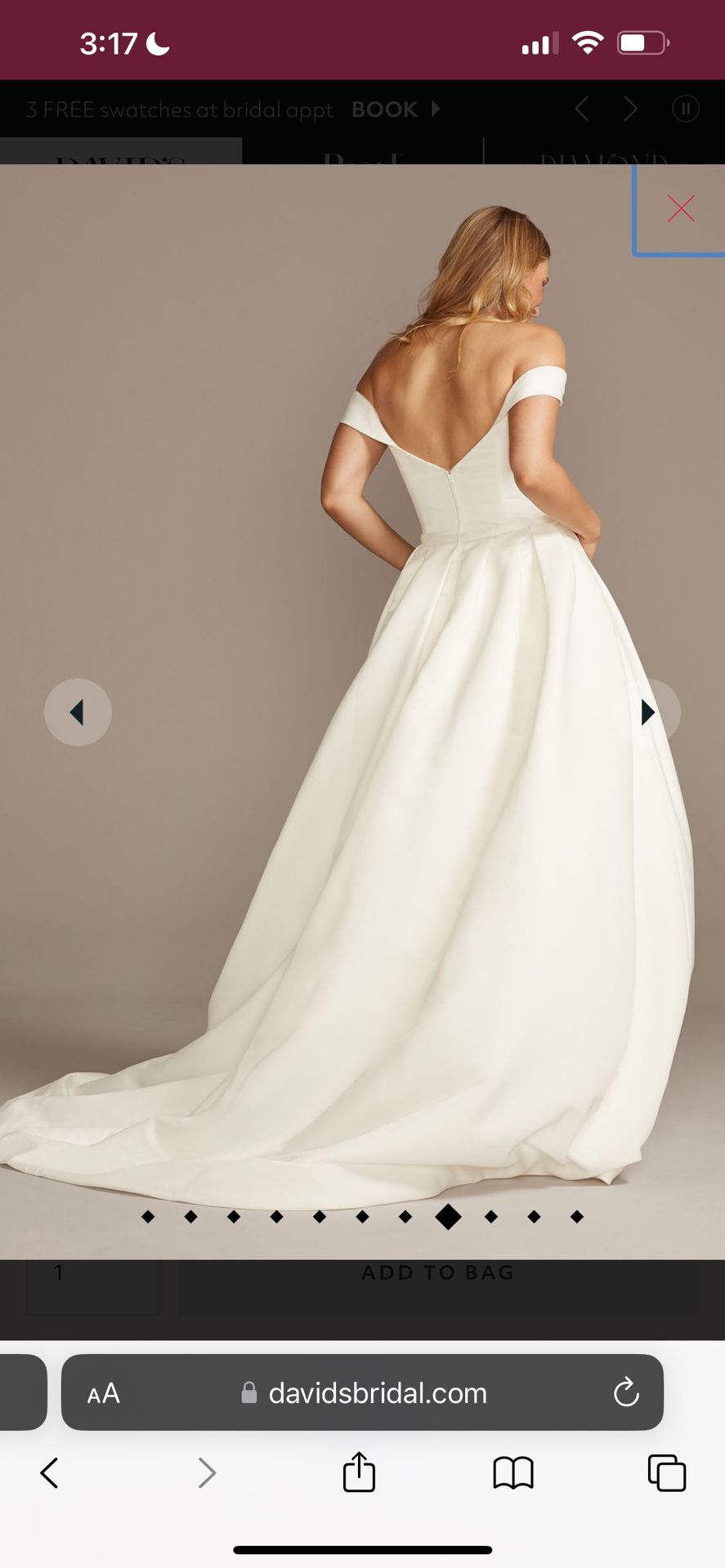 David’s Bridal off shoulder Ivory satin gown wedding dress AND Vail OBO!!