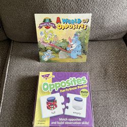 opposites, fun to know puzzles. 40 pieces. Opposite book included.