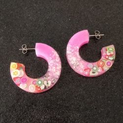 "Pink Lemonade" iridescent glitter and clay fruit hoops earrings handmade new 