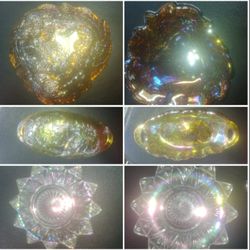 3 pieces of vintage Iridescent Carnival Glass 2 Amber 1 Clear Glass