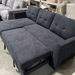 New! Dark blue sectional sofa with pull-out bed, sectional, sofa, couch, Sofabed, sleeps sofa, brand new set! Dimensions 81.5”L x 53” chaise 
