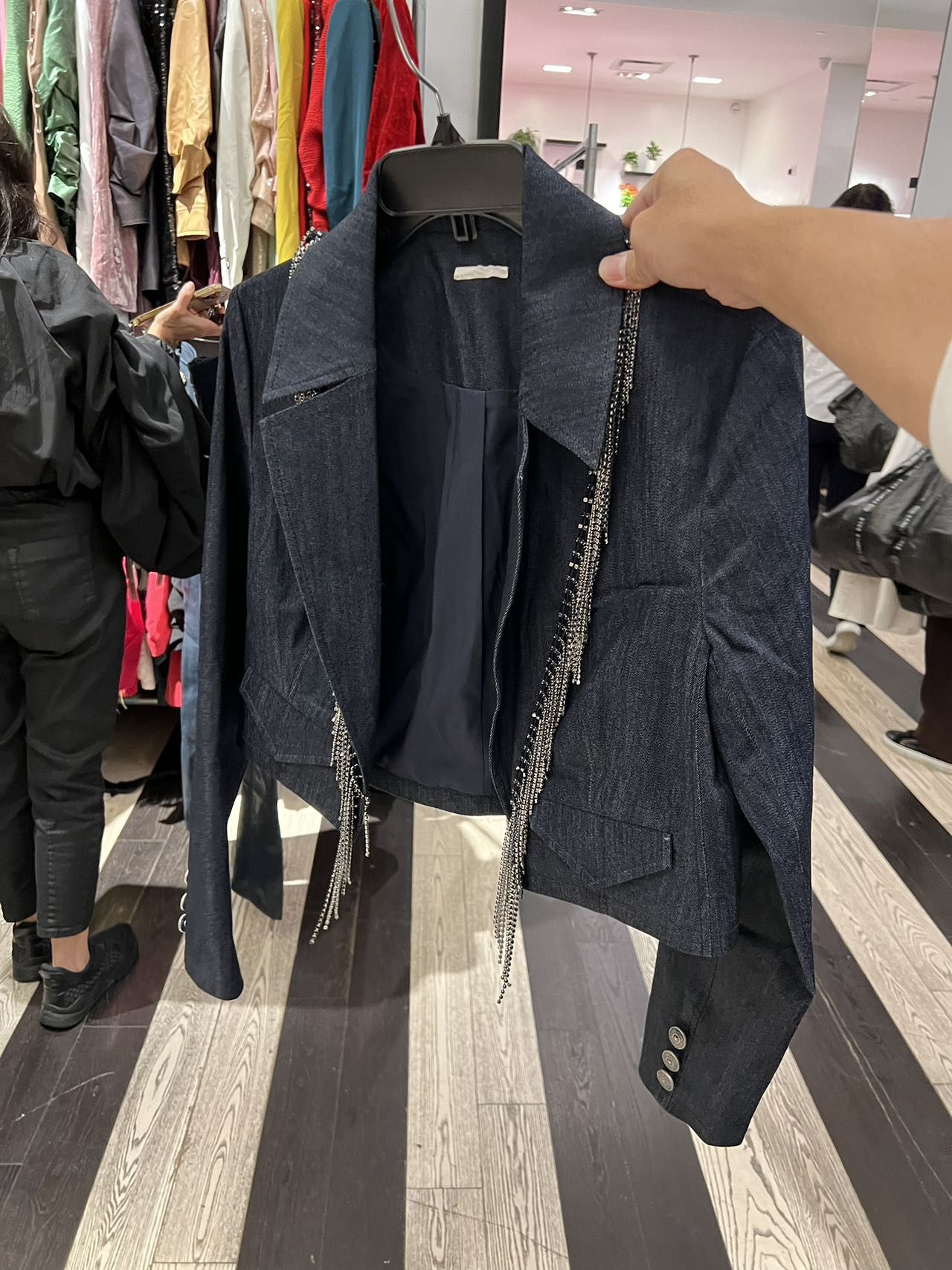 CINQ À SEPT Dara Rhinestone Fringe Denim Crop Blazer In Blue
