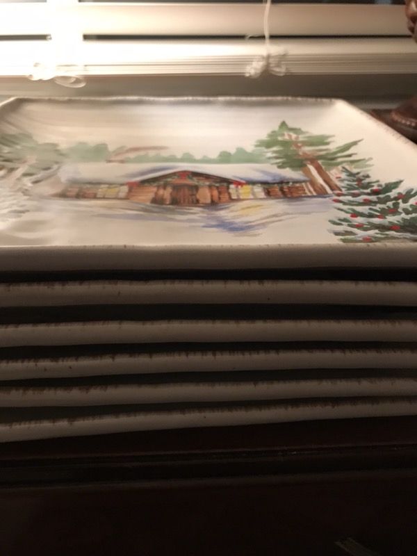 SIX Square Stoneware Holiday Plates - St Nicholas. Winter White