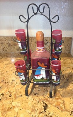 Mexican Hand-Painted Tequila Bottle and Shot Glass Set