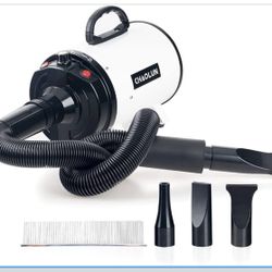New Dog Dryer for Pet Grooming, High Velocity Pet Hair Dryer with Heater, Adjustable Speed, 3 Nozzles and a Comb, White