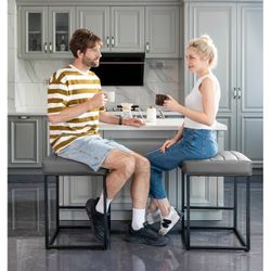  Bar Stools Modern Metal Upholstered Stools with Footrest, Set of 2 30 Inches Color Gray