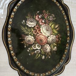 Painted Floral Bouquet Vintage Large Metal Serving Tray 