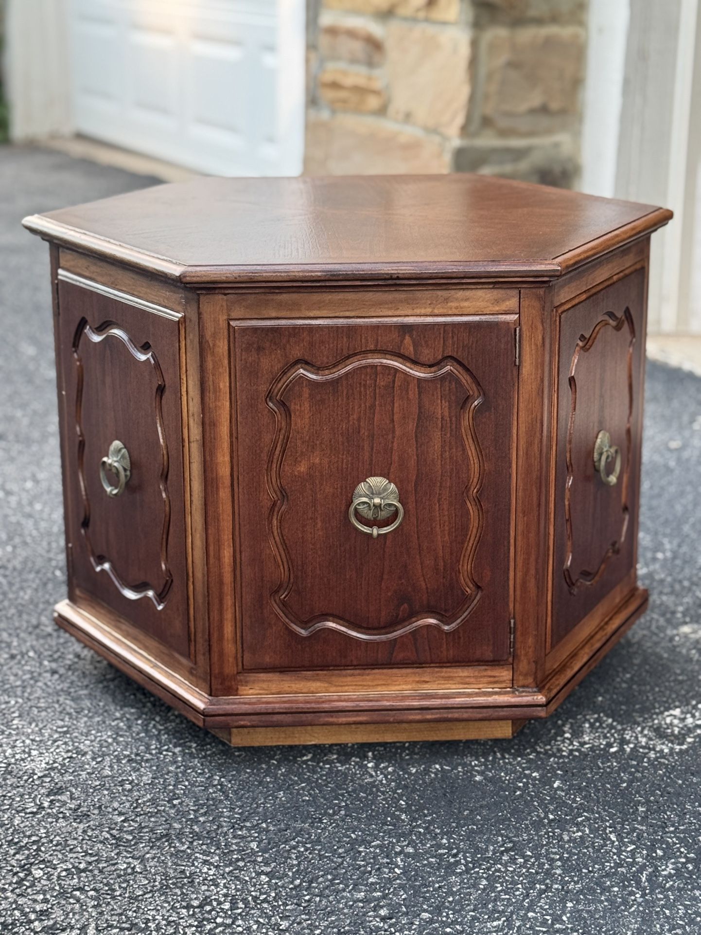Refinished Vintage Hexagon Wood End Table with Antique Brass Hardware
