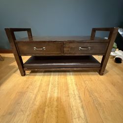 Coffee Table Wood X2 Drawers, Lower Level Storage+ Removable Cusion/ Footrest  