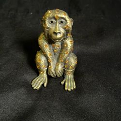 Antique Brass Monkey Tricker Box With Amber Jewels