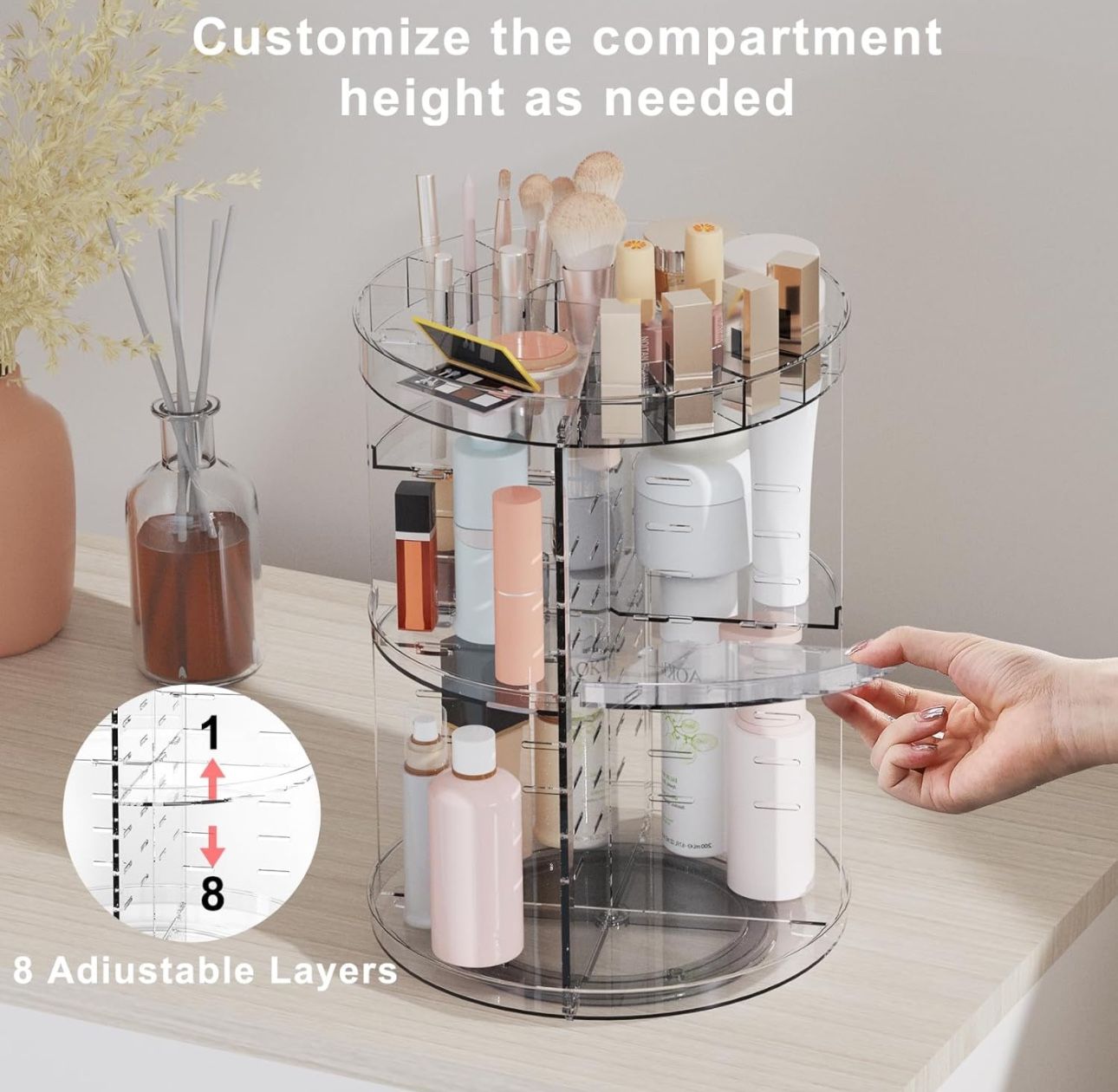 Makeup, Brushes, Skincare, Perfume, Body Spray, Lotions Organizer With Adjustable Layers And Rotates (clear Organizer)