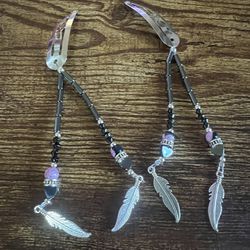 Silver Hair Clips With Beads And Silver Feather Charms 