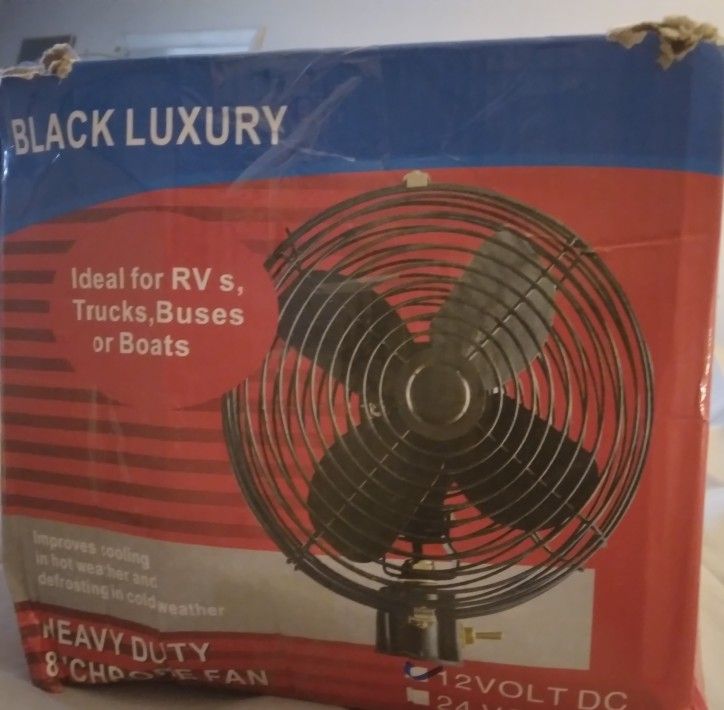Black Luxury 8" heavy-duty 12V DC portable fan, ideal for RVs, trucks, buses, or boats