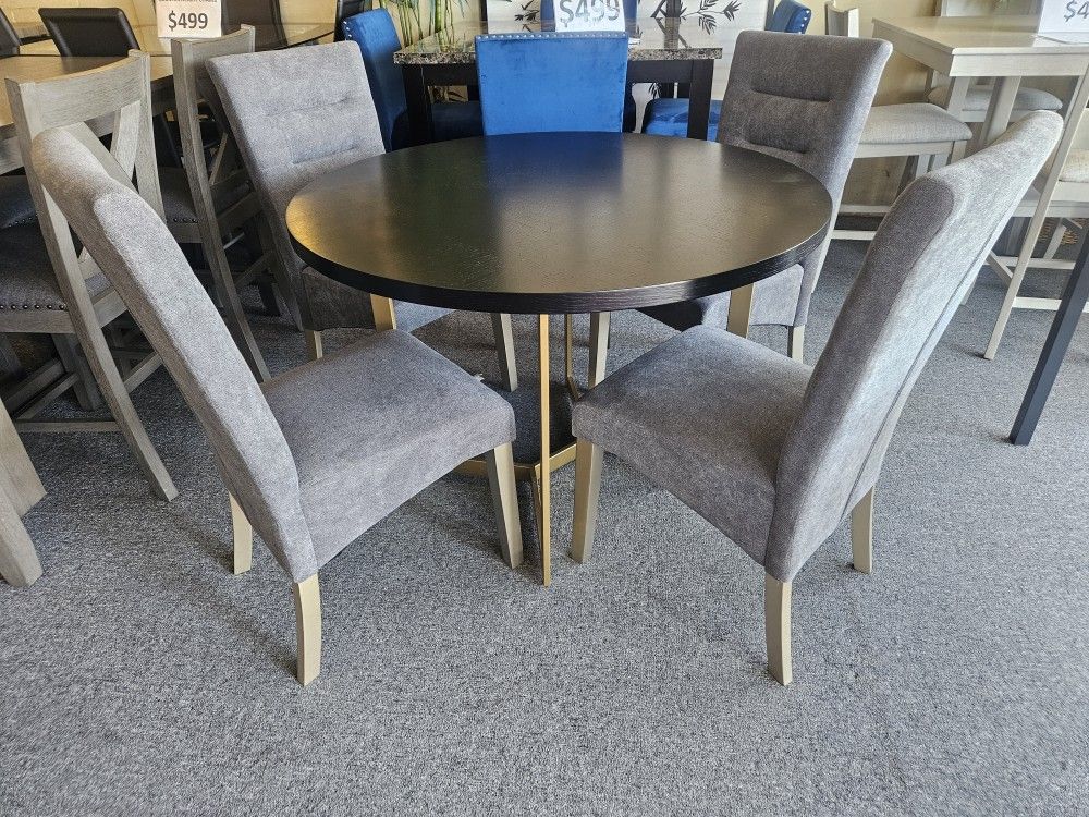 Brand New Gray 48" Round Dining Table + 4 Gray Linen Upholstered Chairs