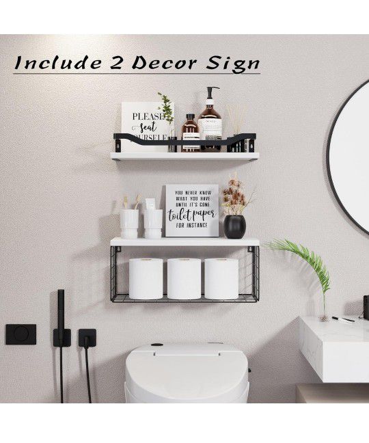 Bathroom Wall Floating Shelves with Paper Storage Basket and 2pc Decor Set