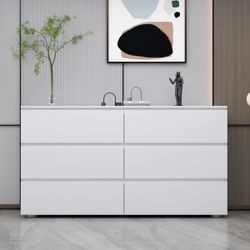 59" Modern Minimalist White/Black Distressed 6-Drawer Sideboard with Grain Texture