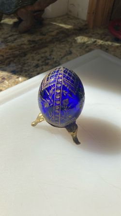 Glass Faberge Egg ( Blue With Gold Etchings )