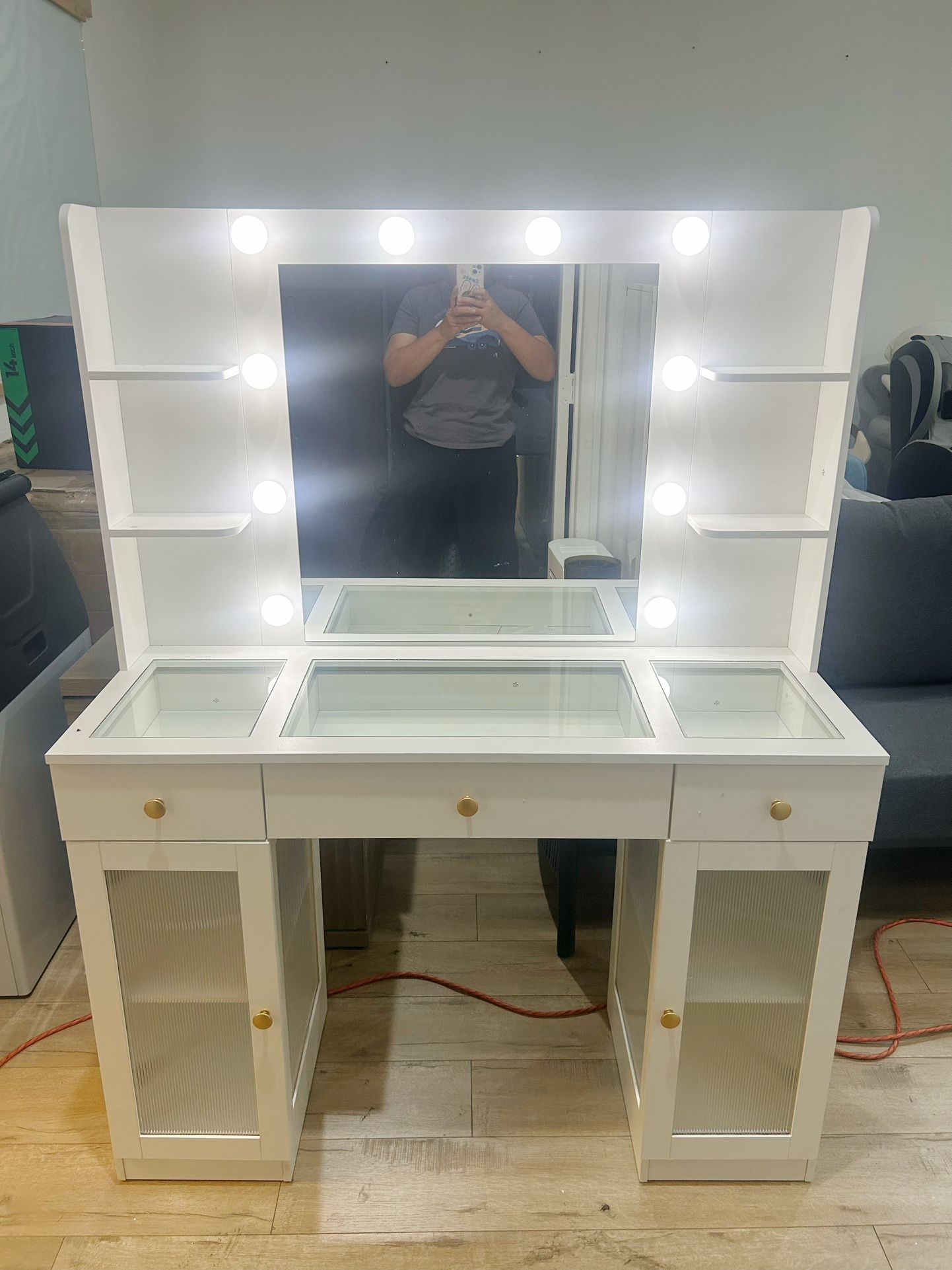 White Vanity Desk with Mirror and Lights, Glass Top Vanity with Lighted Mirror & RGB Glass Cabinet and 3 Drawers, Makeup Vanity Desk with Lights Dress